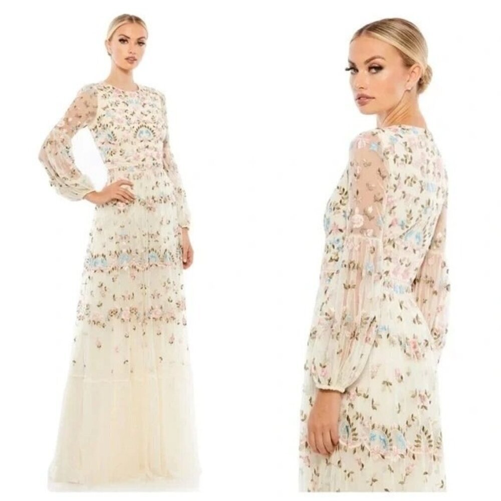 Mac Duggal Floral Embroidered Maxi Dress in Cream